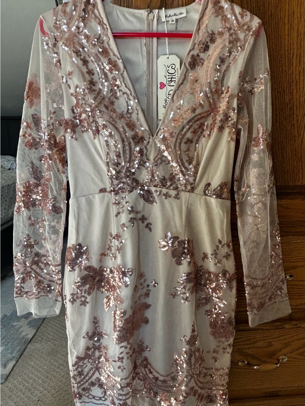 Southern Fried Chics- Rose Gold Sequin V-Neck Sheath Dress